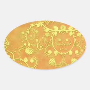Pegatina Ovalada Dorado Amarillo Floral Fantasía Patrón Damask