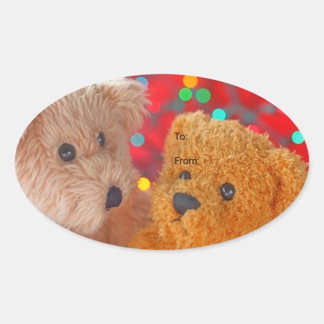 Pegatina Ovalada Dos ositos de peluche con luces de Navidad (Anverso)