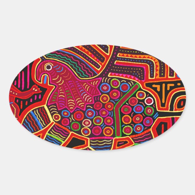 Pegatina Ovalada Dragón Amigable Kuna Indian Mola (Anverso)