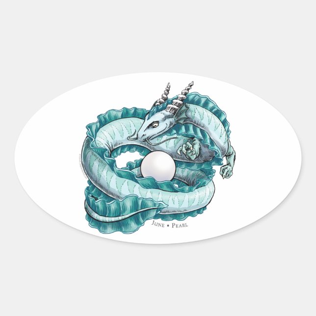 Pegatina Ovalada Dragón Birthstone de junio: Perla (Anverso)