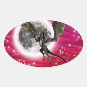 Pegatina Ovalada Dragón Negro - Criatura Fantástica Mítica Cielo Ro