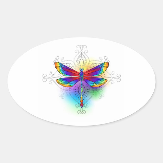 Pegatina Ovalada Dragón poligonal arcoiris (Anverso)