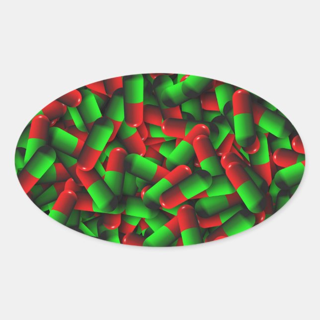 Pegatina Ovalada drogas de pastillas verdes rojas (Anverso)