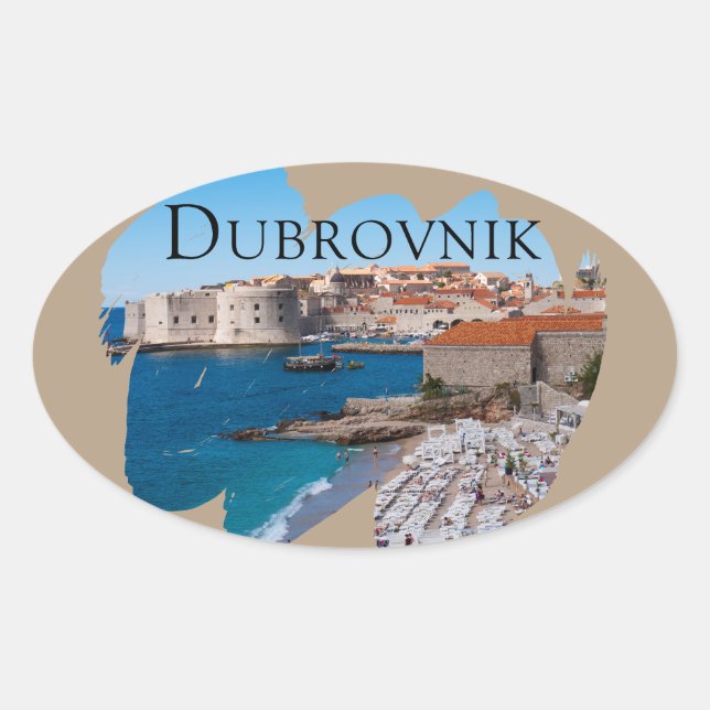 Pegatina Ovalada Dubrovnik: Vistas a la playa y al casco antiguo (Anverso)