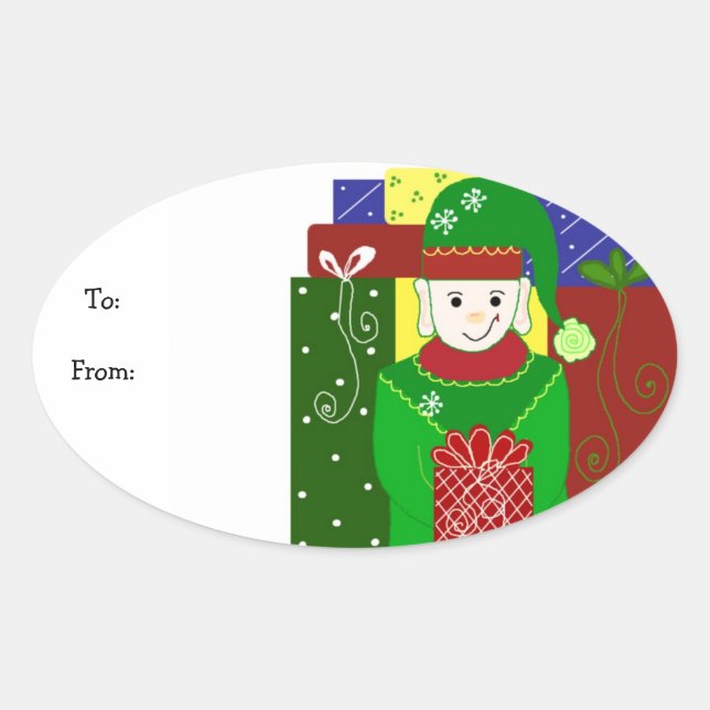 Pegatina Ovalada Duende de Navidad Alegre (Anverso)
