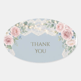 Pegatina Ovalada Dusty Blue Blush Rose Lace Agradecimiento de Boda
