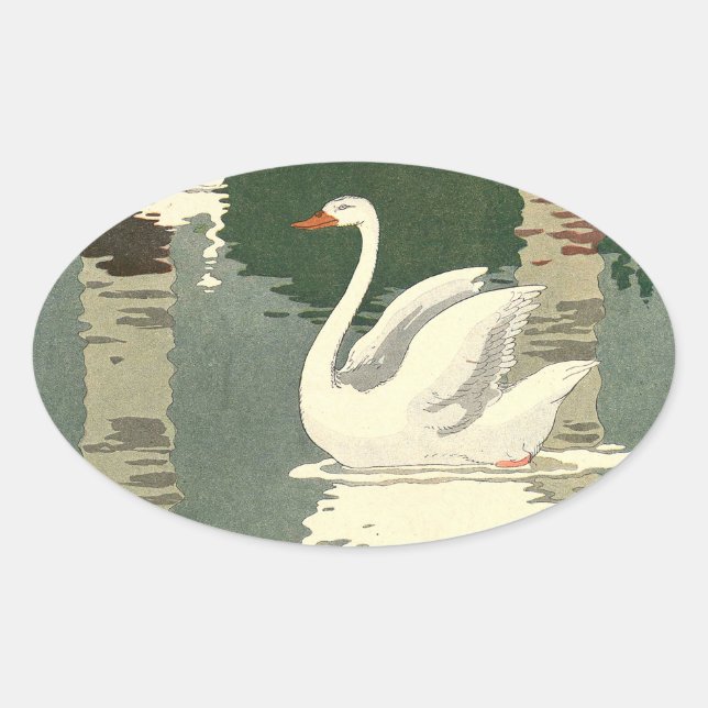 Pegatina Ovalada El cisne blanco reflejado en el lago (Anverso)