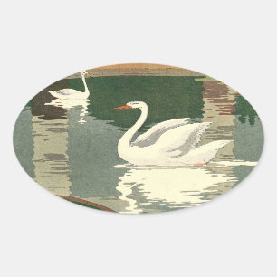Pegatina Ovalada El cisne blanco reflejado en el lago