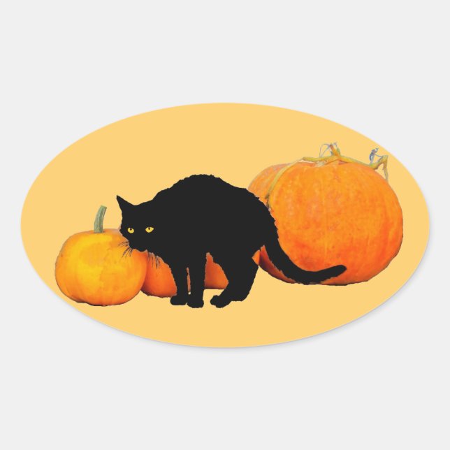 Pegatina Ovalada El gato negro armando con calabazas (Anverso)