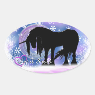 Pegatina Ovalada El místico unicornio negro (Que nieve)