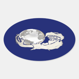Pegatina Ovalada el mundo entero en mano de monos