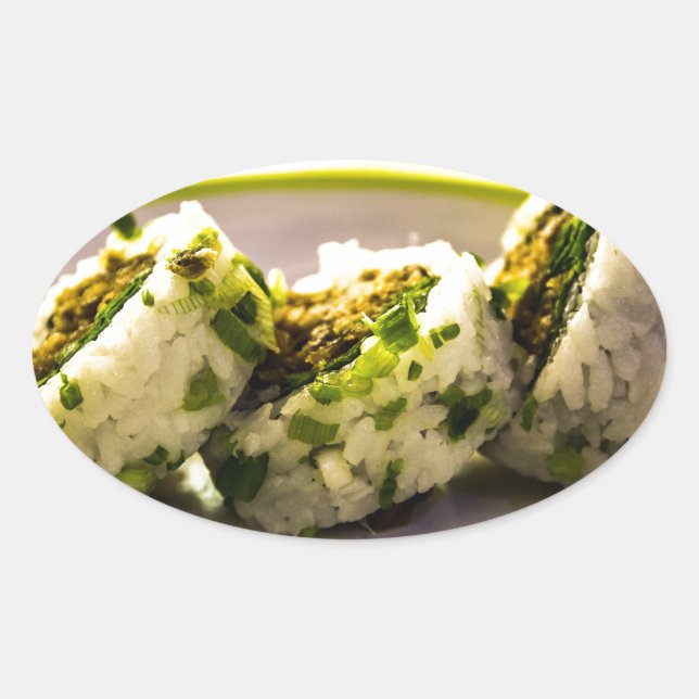 Pegatina Ovalada El sushi come comida japonesa asiática deliciosa a (Anverso)