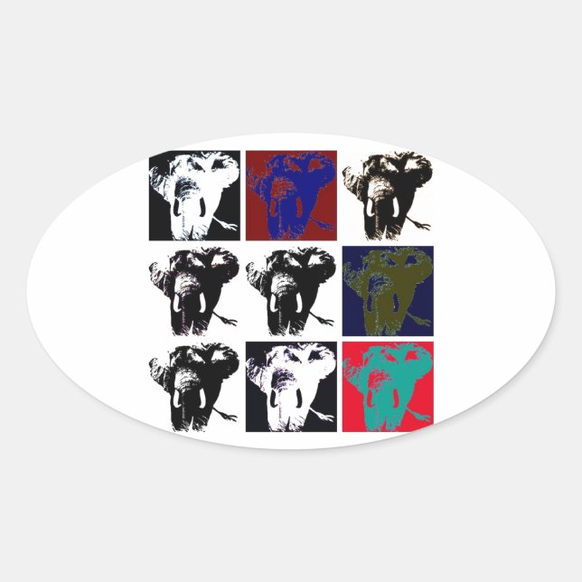Pegatina Ovalada Elefantes de arte pop (Anverso)