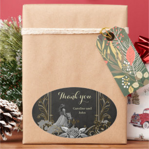 Pegatina Ovalada Elegancia en plata y negro.