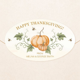 Pegatina Ovalada Elegant Watercolor Pumpkin et Bees Thanksgiving