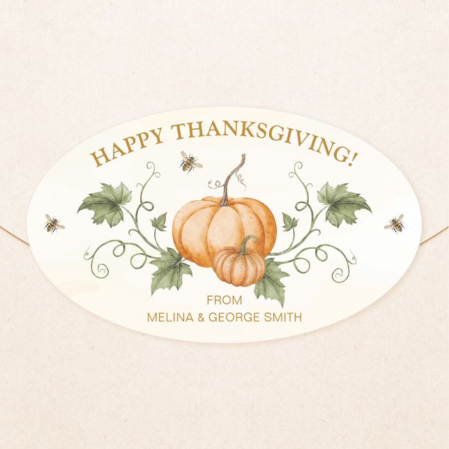 Pegatina Ovalada Elegant Watercolor Pumpkin et Bees Thanksgiving (Elegant, oval "Happy Thanksgiving" sticker featuring watercolor pumpkins with vines, leaves, bees.)