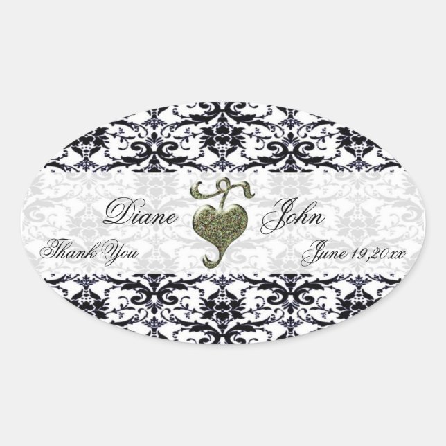 Pegatina Ovalada Elegante boda Damask Gracias (Anverso)