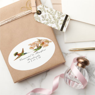 Pegatina Ovalada Elegante Boda Verde Colibrí Rubor Rosa