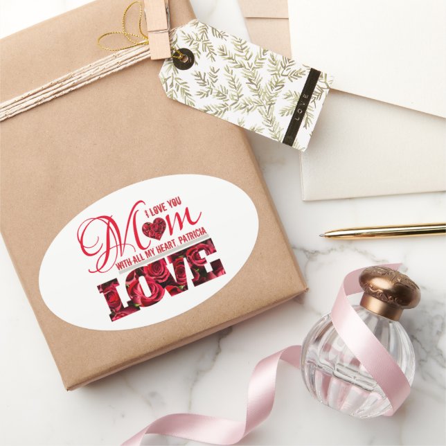 Pegatina Ovalada Elegante Corazón Rojo Floral Te Amo Madres (Regalar)