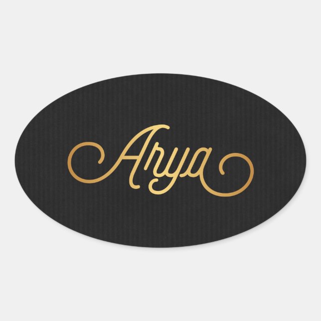 Pegatina Ovalada Elegante guión personalizado Arya Gold Black (Anverso)