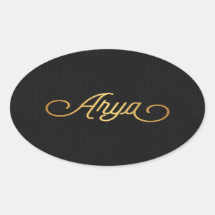 Pegatina Ovalada Elegante guión personalizado Arya Gold Black