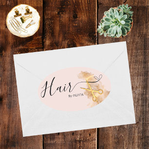 Pegatina Ovalada Elegante Hairstylist Gold Scisor Salón De Belleza 