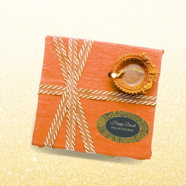 Pegatina Ovalada Elegante mandala diyas personalizado hindú oro diw (Subido por el creador)