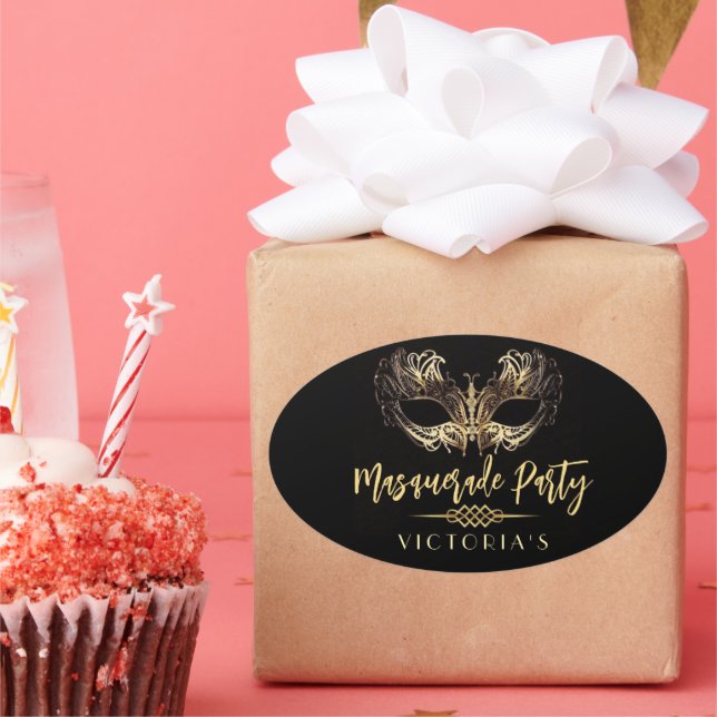 Pegatina Ovalada Elegante Moda Black Gold Masquerade fiesta de cump (Fiesta)