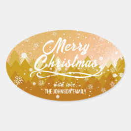 Pegatina Ovalada Elegante Oro Pacífico Nevado Bosque Feliz Navidad