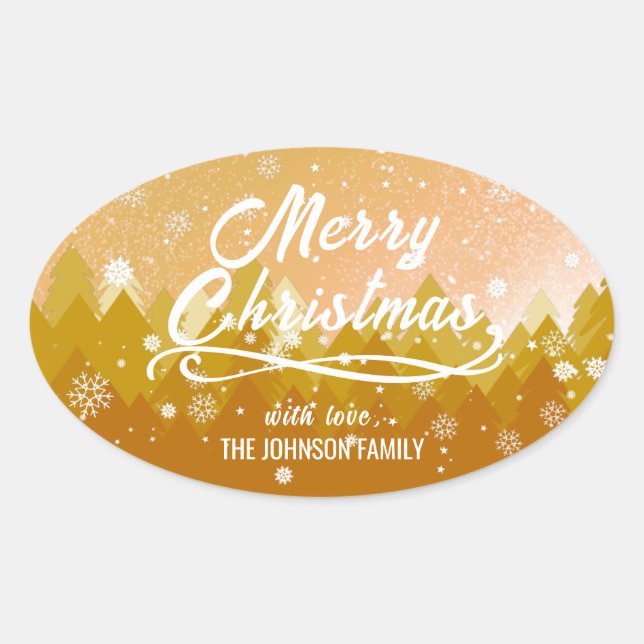 Pegatina Ovalada Elegante Oro Pacífico Nevado Bosque Feliz Navidad (Anverso)
