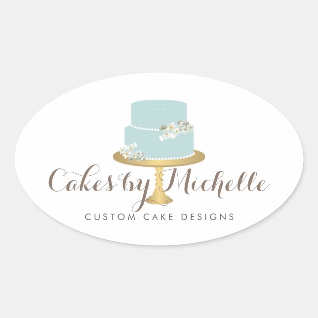 Pegatina Ovalada Elegante pastel azul con decoración de pasteles fl (Anverso)