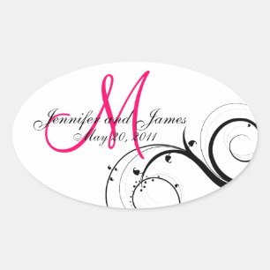 Pegatina Ovalada Elegante Pegatinas de Boda en Monograma Rosado Cal