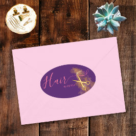 Pegatina Ovalada Elegante Purple Hairstylist Gold Scissor Hair Salo