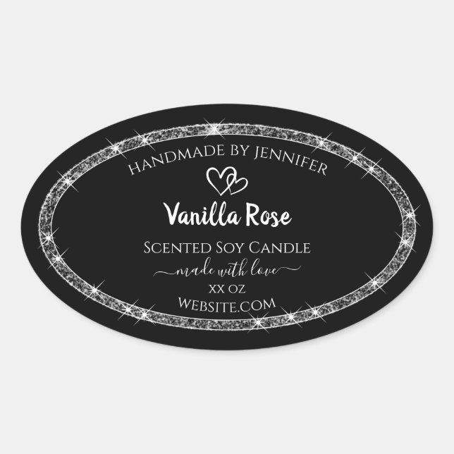 Pegatina Ovalada Elegante Purpurina de plata negra Estrellas de pro (Anverso)