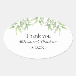 Pegatina Ovalada Elegante rama de olivo. Simple boda Gracias