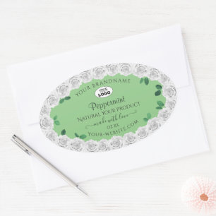 Pegatina Ovalada Elegante Sage Green Product Labs White Roses Logo