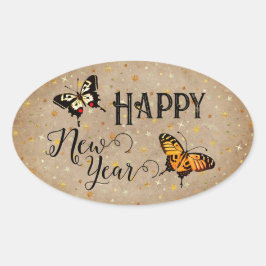 Pegatina Ovalada Elegante tipografía mariposa Stars Rustic New Year