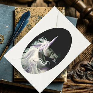 Pegatina Ovalada Elegante Unicornio Blanco Melena Fluyente Fantasía