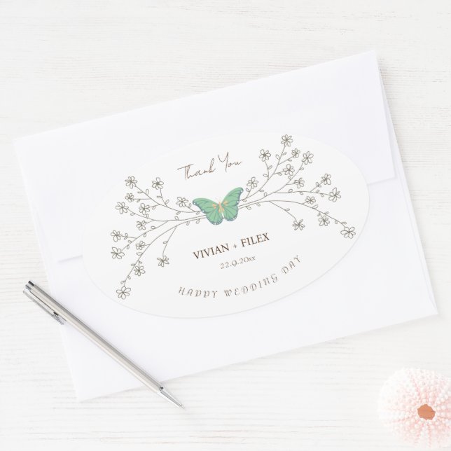 Pegatina Ovalada Elegante Wildflower y Mariposa Gracias (Sobre)