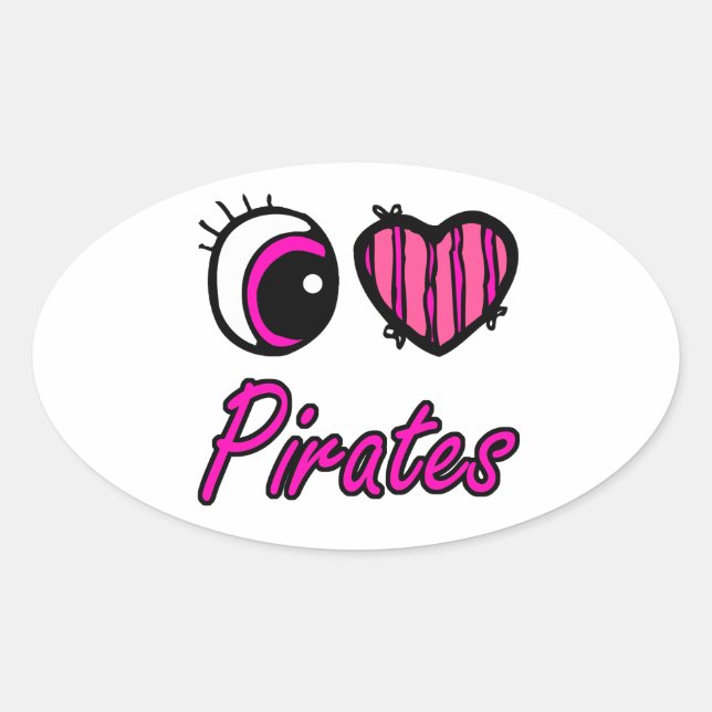 Pegatina Ovalada Emo Ojo Corazón Me Encantan Los Piratas (Anverso)