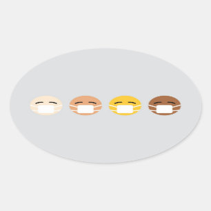 Pegatina Ovalada Emoji enmascarada enfrenta máscara arriba COVID