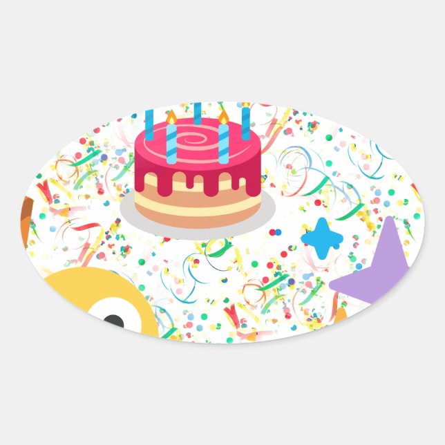 Pegatina Ovalada emoji feliz de cumpleaños (Anverso)