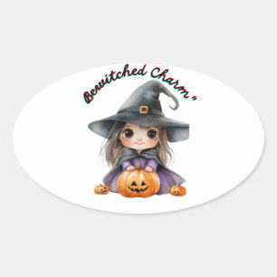 Pegatina Ovalada Encantadora decoración de Halloween de Chica Brujo