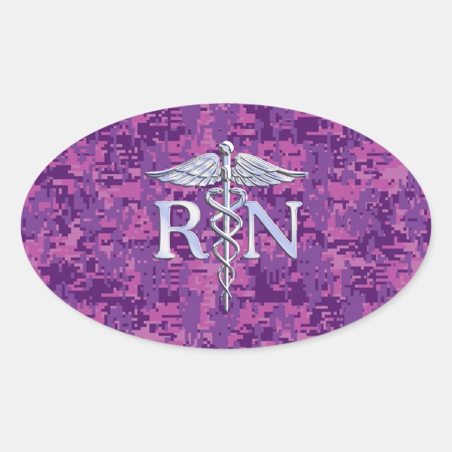 Pegatina Ovalada Enfermera inscrita RN Caduceus en camuflaje rosado (Anverso)