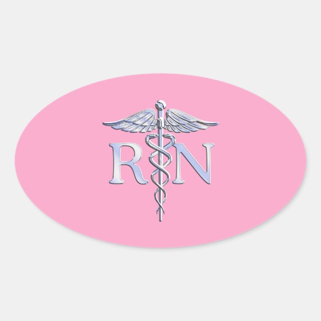 Pegatina Ovalada Enfermera inscrita RN Caduceus en rosa claro (Anverso)