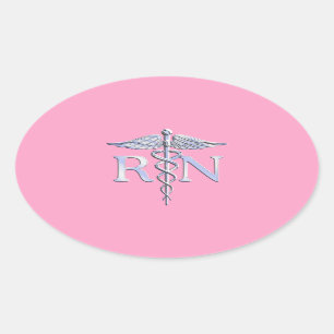 Pegatina Ovalada Enfermera inscrita RN Caduceus en rosa claro