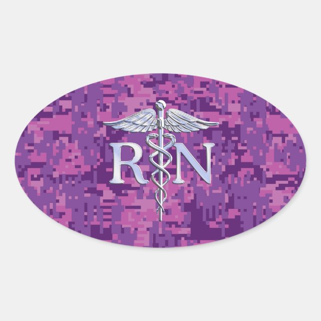 Pegatina Ovalada Enfermera inscrita RN Silver Caduceus en Camo Rosa (Anverso)