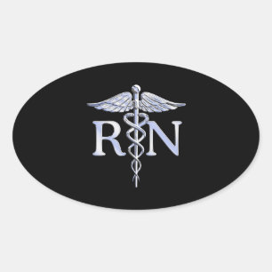 Pegatina Ovalada Enfermera inscrita RN Silver Caduceus Snakes Black