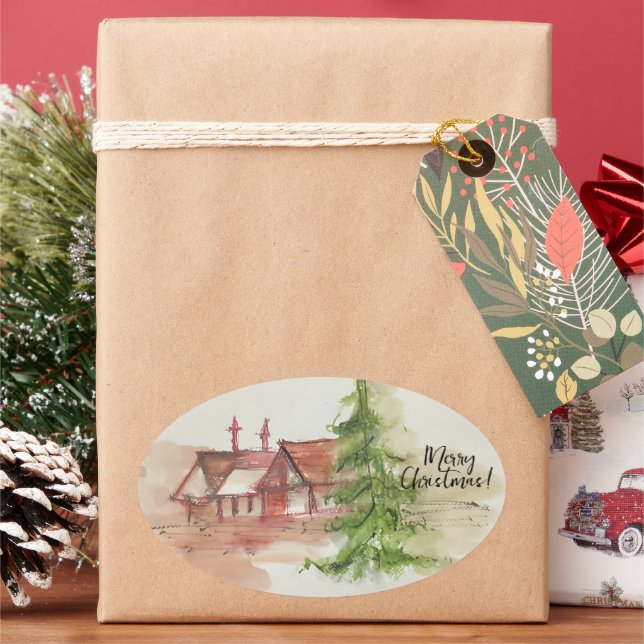 Pegatina Ovalada Esbozo de acuarela original (Vacaciones)