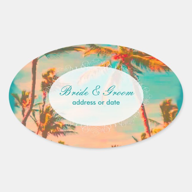 Pegatina Ovalada Escena de playa de la época de PixDezines (Anverso)